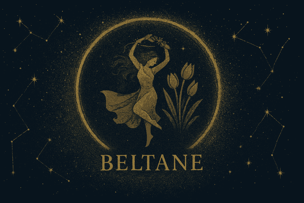 Symbol einer Frau und Blumen für das Jahreskreisfest Beltane.