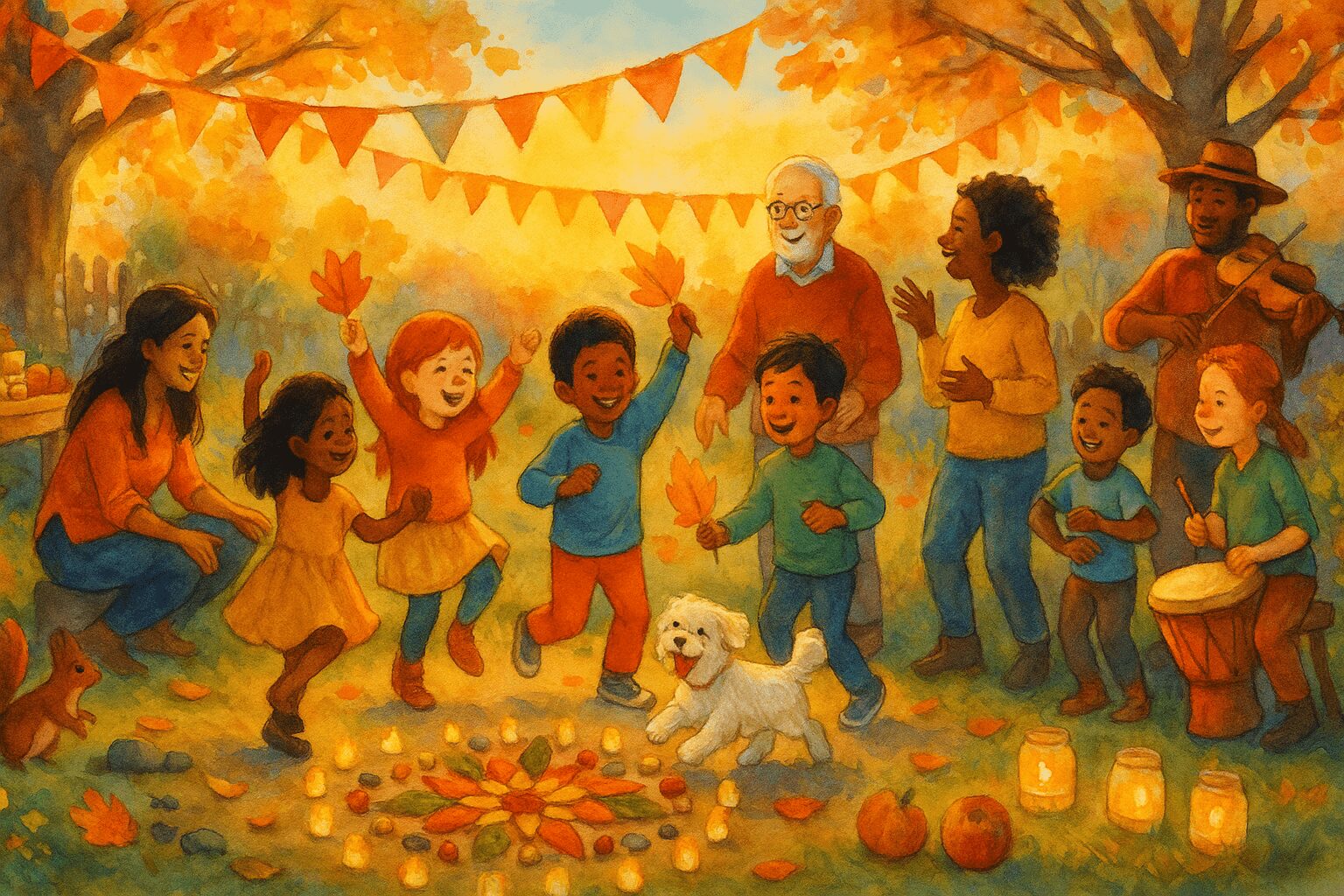 Kinder und Erwachsene befinden sich draußen und feiern das Jahreskreisfest Mabon mit Kerzen und Kürbissen.
