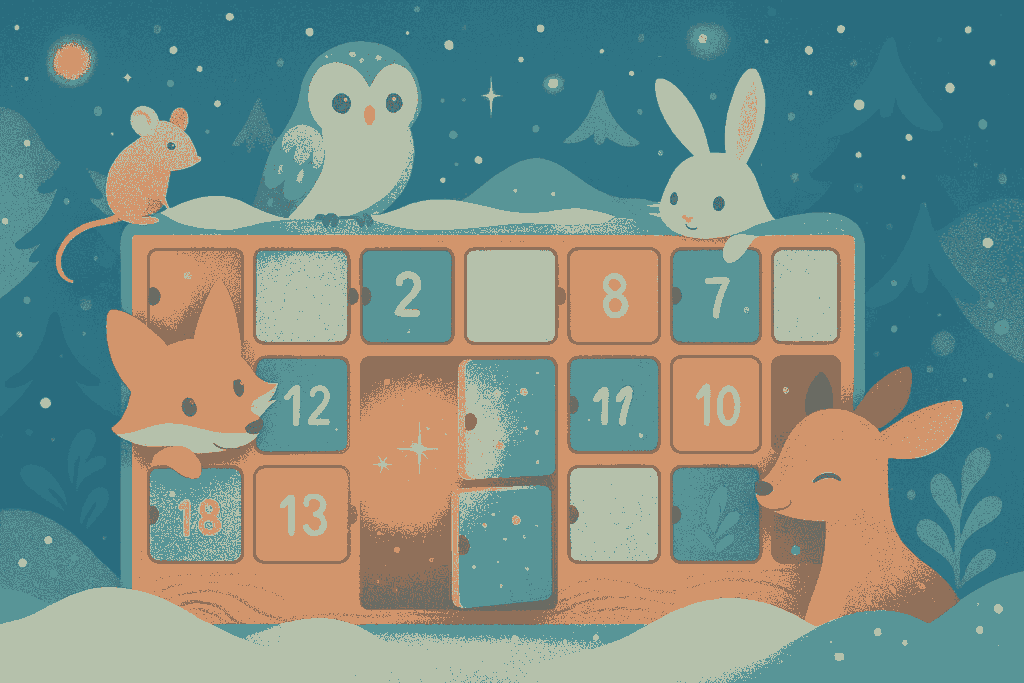 Man sieht einen Adventskalender im Schnee. Rundherum befinden sich Tiere auf dem Bild.