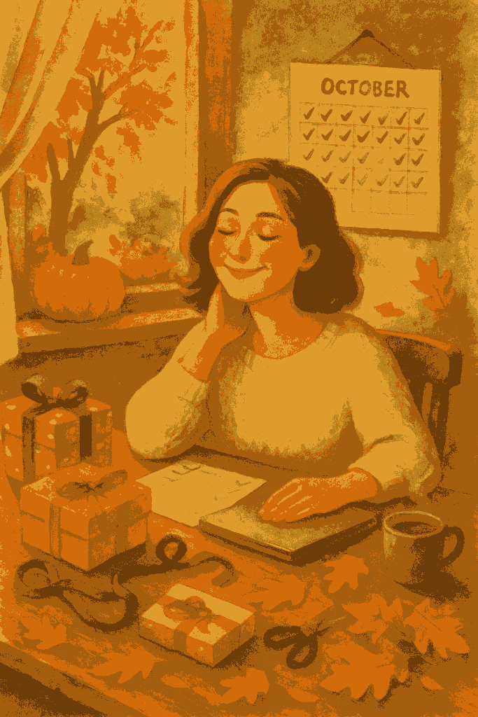 Eine Frau sitzt im Oktober erleichtert am Tisch und hat den Adventskalender fertig. Neben ihr steht ein Kürbis.