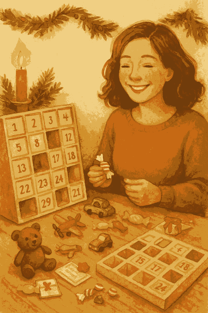 Eine sitzt am Tisch und freut sich, dass sie mit wenig Aufwand den Adventskalender gemacht hat. Die Inhalte liegen vor ihr auf dem Tisch.