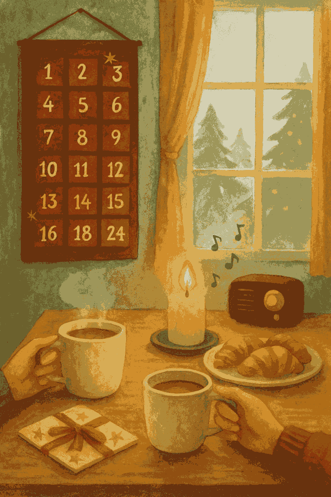 Eine Taasse kaffe steht auf dem Tisch. Im Hintergrund befindet sich der Adventskalender.