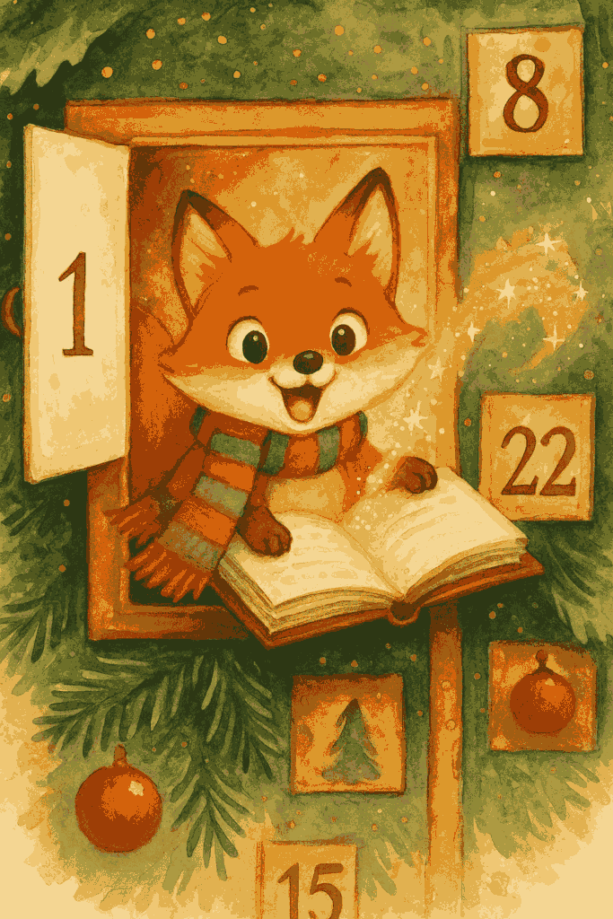 Ein Fuchs schaut aus einem Adventskalendertürchen heraus und liest aus einem Buch vor.