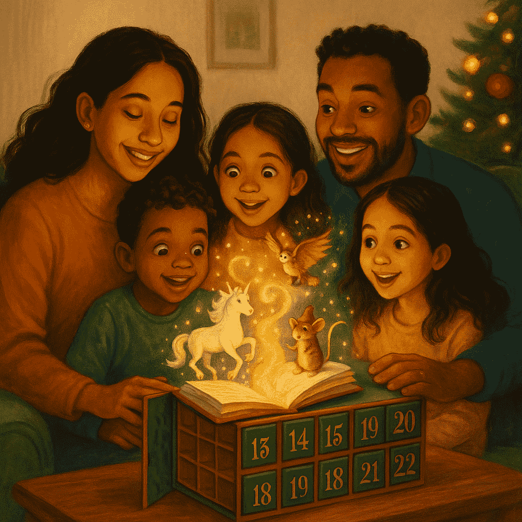 Eine Familie sitzt zusammen und hört gemeinsam Geschichten aus dem Adventskalender.