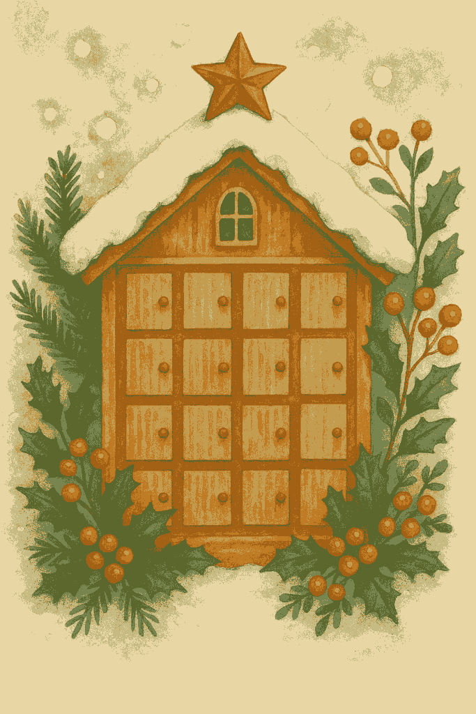 Man sieht einen Adventskalender aus Holz. Er ist umgeben von Tannenzweigen und den Zweigen einer Stechpalme