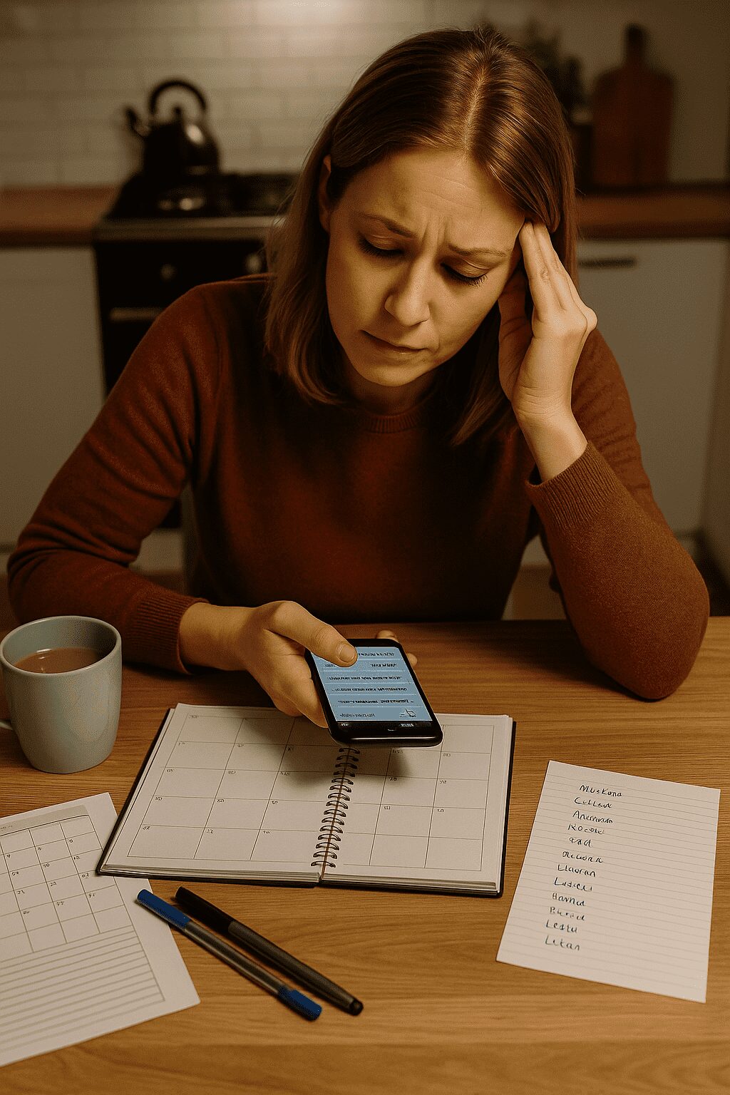 Eine Frau sitzt verzweifelt an ihrem Schreibtisch und möchte einen Kindergeburtstag planen